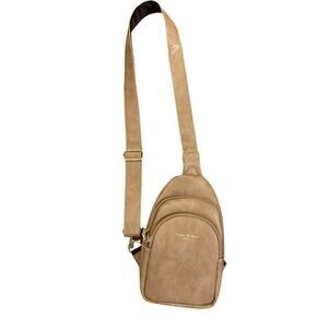 Incat vegan Sling Crossbody - 6.5 x10.5 x3 tan , NWOT , faux leather
